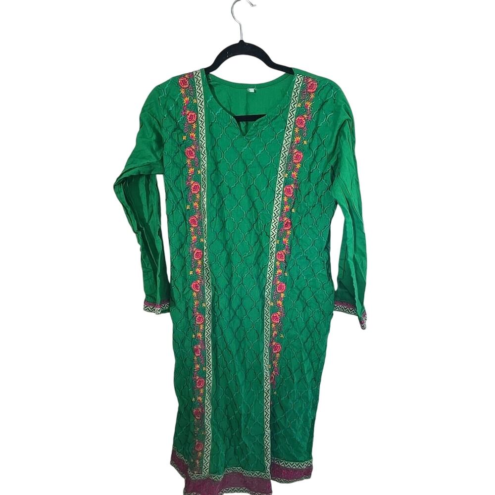 Vtg Womans Green Embroidered Floral Split Neck Indian Kaftan Maxi Dress Small